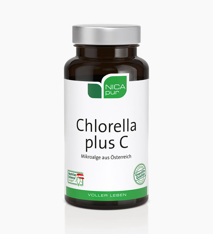 Nahrungsergänzungsmitteldose mit der Aufschrift Chlorella Plus C
