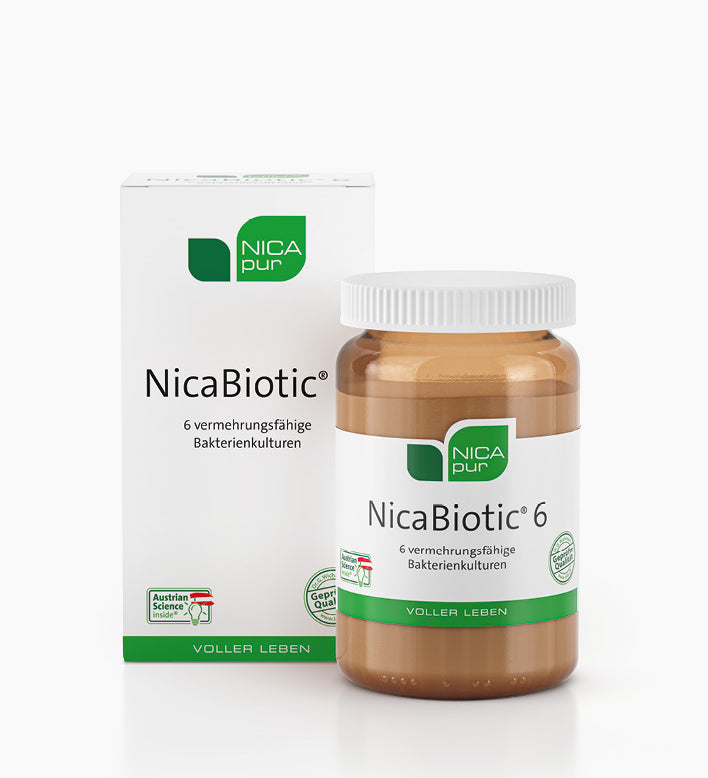 NicaBiotic 6 Bakterienkulturen Kapseln Dose neben der weißen Produktverpackung