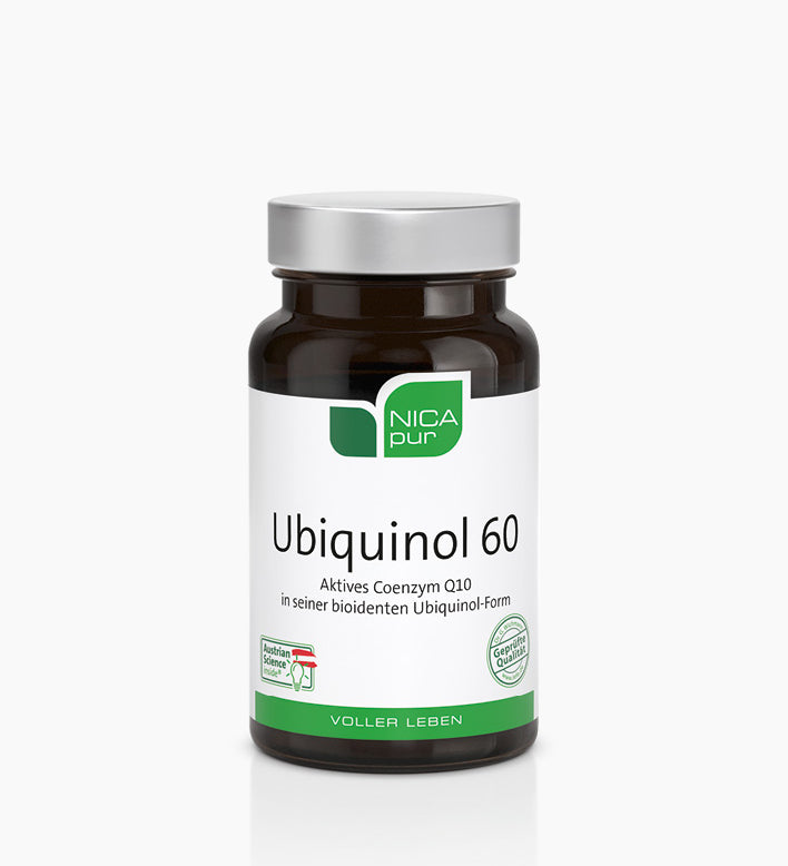 Nahrungsergänzungsmittel Dose Ubiquinol 60 vor weißem Hintergrund