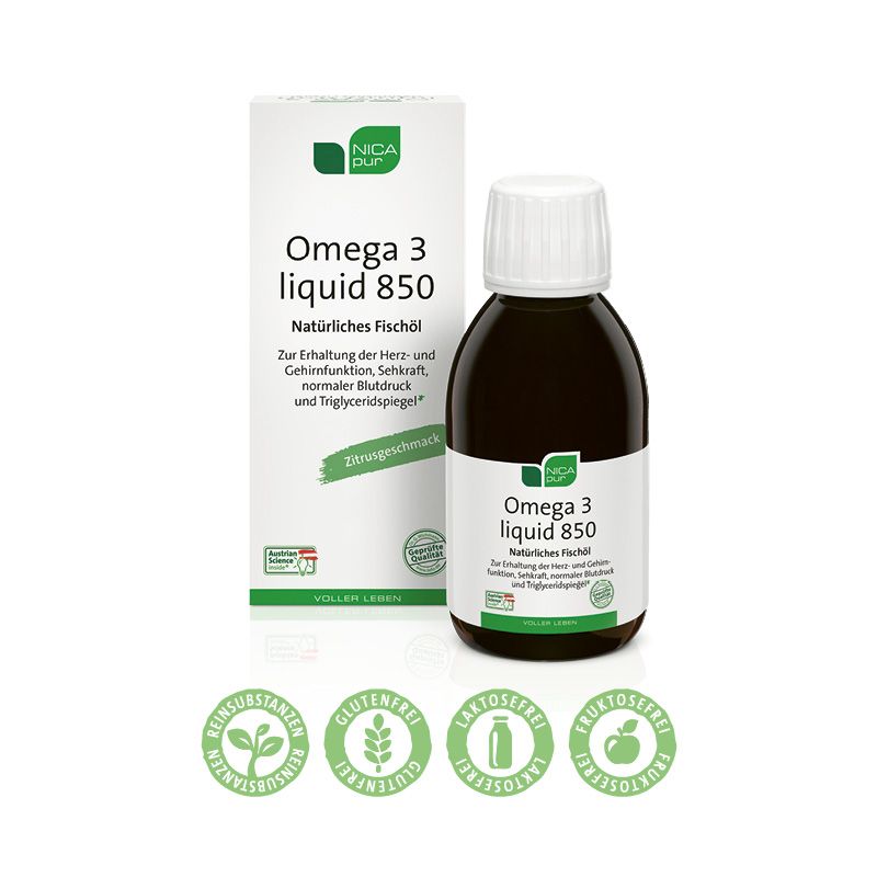 NICApur Omega 3 liquid 850 | Flüssiges Omega 3 mit natürlichem Fischöl (DHA & EPA) und angenehm im Geschmack (Zitrone)